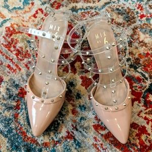 Beige strappy studded pumps